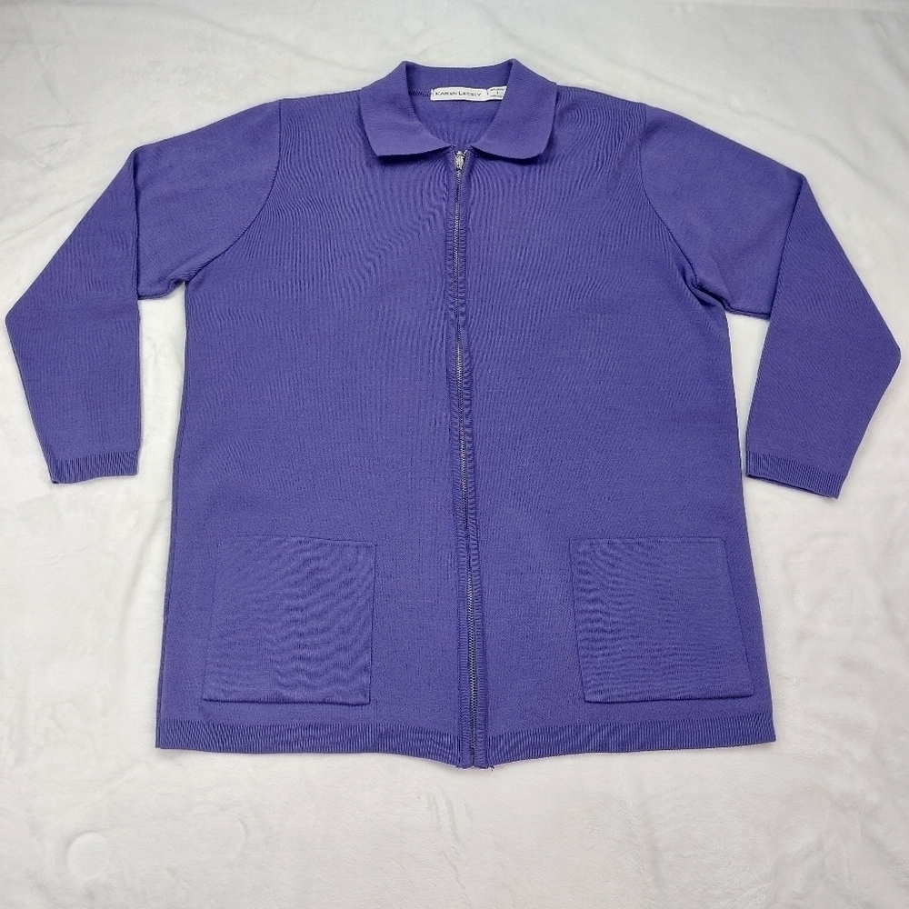 KAREN LESSLY WOMENS VINTAGE PURPLE ZIP FRONT COLLARED KNIT SWEATER CARDIGAN SZ L